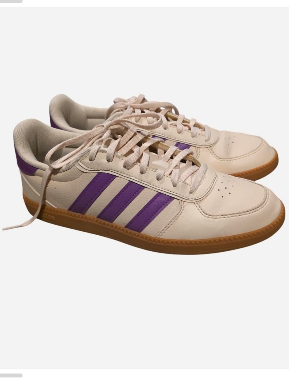 Adidas Cream Leather Sneakers with Purple Stripes